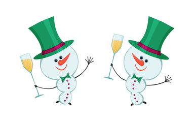 Snowman and a glass of champagne. Green tophat.