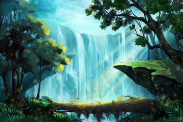 Le pont de bois à l& 39 intérieur de la forêt profonde près d& 39 une cascade. Illustration numérique de CG de jeu vidéo, illustration de concept, arrière-plan de style dessin animé réaliste