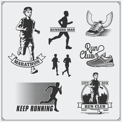 Set of jogging and running club labels, emblems and design elements. Silhouettes of runners.
