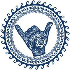 Shaka hand sign in round wave ornament © Viktoriia Protsak