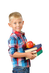 Portrait of happy schoolboy with books and apple isolated on white background. Education © katyshka