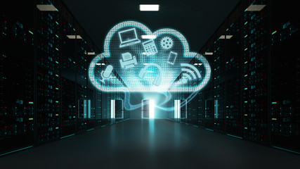 3D rendered scene of a server room, representing advanced cloud computing, and Hi-tech computing power