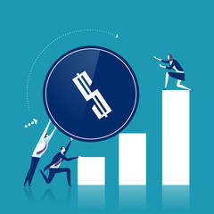 Profit Increasing. Businessmen trying to push up a coin. Business concept vector illustration