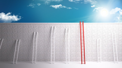 Overcoming the wall to success, 3D rendering of a white brick wall separating from success. overcoming dificult scenarious © obadart