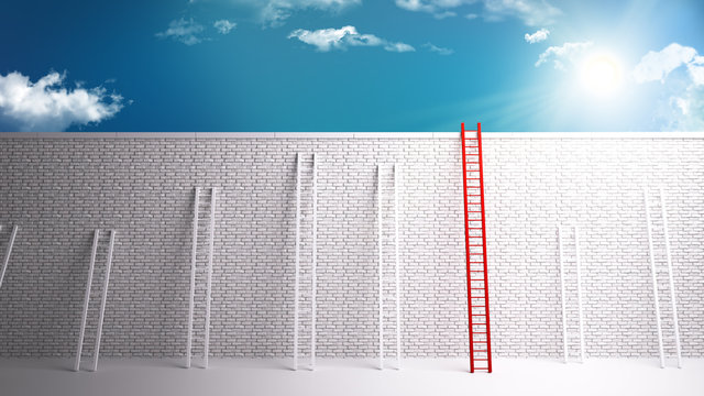 Overcoming the wall to success, 3D rendering of a white brick wall separating from success. overcoming dificult scenarious