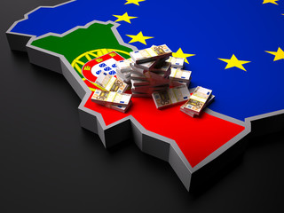 Portugal in the EU, represented in 3D, portugal with a sum of money on top representing its financial power. © obadart