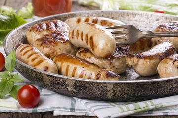 Grilled chicken sausages and burgers.