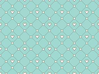 Seamless pattern with white heart and dot on a turquoise background for Valentine Day. Illustration.