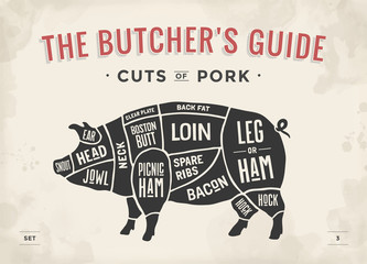 Cut of meat set. Poster Butcher diagram, scheme and guide - Pork. Vintage typographic hand-drawn. Illustration.