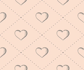 Seamless pattern with heart in vintage style engraving on a beige background for Valentine's Day. Hand drawn. Illustration.