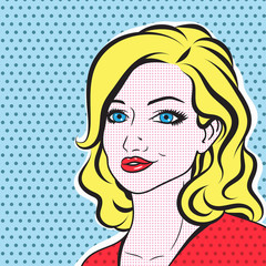 Pop art woman face - retro comic vector. Hand drawn blonde woman portrait.