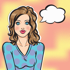 Young student girl smiling face on halftone background, pop art comics sketch. Vector female student with thinking bubble.