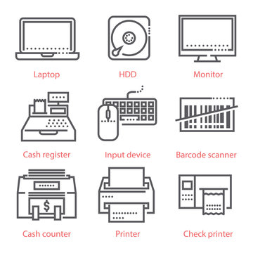 Vector linear icons set. Electronic devices, computers, business and banking equipment, finance and market tools. 