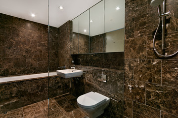 Stylish clean bathroom with shower and bath tub