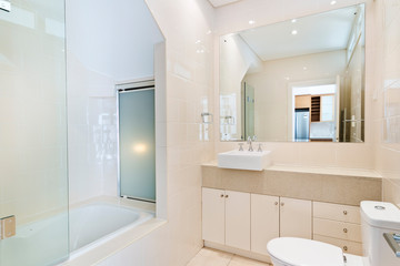 Fototapeta na wymiar Stylish clean bathroom with shower and bath tub