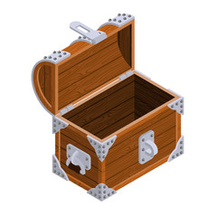 Open treasure chest isometrics. Old casket with money. Gold and