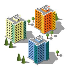 Isometric buildings illustration set. 3d buildings icon.
