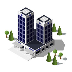 Modern isometric hospital building. Helipad on the roof. Isometric hospital icon.