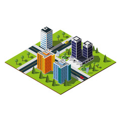 Isometric city map. Crossroads and road markings illustration. Hospital in downtown.