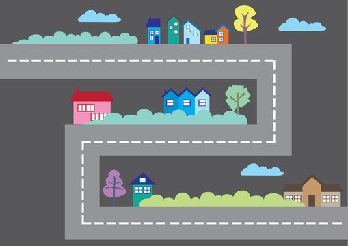 Colorful Houses Along Road Cartoon City Map Vector Illustration