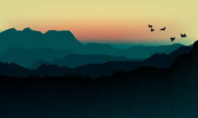 Vector illustration landscape of silhouette mountains in fog and