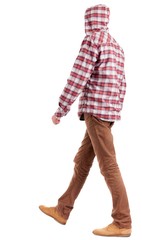 Naklejka premium Back view of going guy in a plaid shirt with hood. walking young guy in jeans and jacket. Rear view people collection. backside view of person. Isolated over white background.