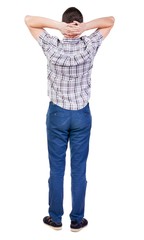 Back view of handsome man in shirt looking up.   Standing young guy in jeans. Rear view people collection.  backside view of person.  Isolated over white background.