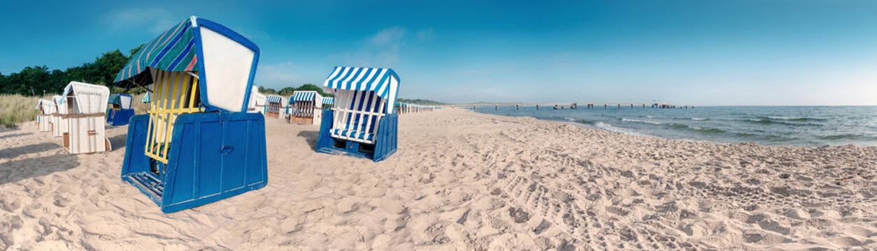 Traditional wooden beach chair on island Rugen on Baltic sea 