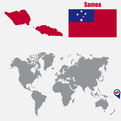 Samoa map on a world map with flag and map pointer. Vector illustration