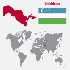 Uzbekistan map on a world map with flag and map pointer. Vector illustration