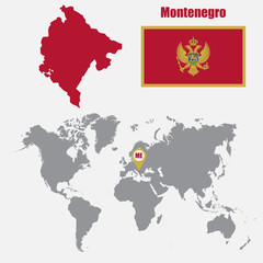 Montenegro map on a world map with flag and map pointer. Vector illustration