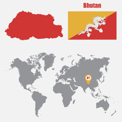 Bhutan map on a world map with flag and map pointer. Vector illustration