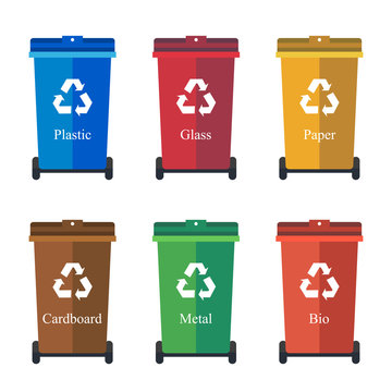 Different Colored wheelie bins, trash bins, sorting garbage vector flat illustration