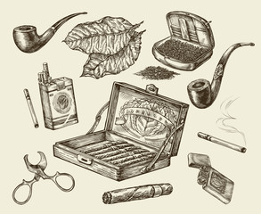 Tobacco. Vector collection smoking. Hand-drawn sketch pack of cigarettes, lignter,  pipe, cigar,  leaf, cigarette case