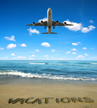 Landing an aircraft on a tropical island. Summer vacation concept.