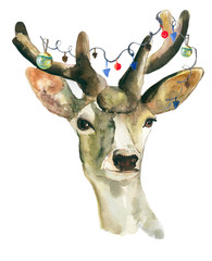 Deer  new-yea. Animal with Christmas decoration. Hand painted watercolor. - 119609910