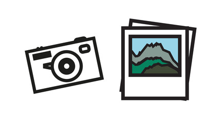 Photo of mountains and camera in outline design - traveler set