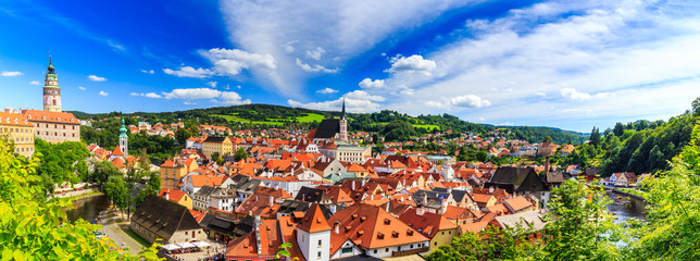 Beautiful panoramic landmark view to church and castle in Cesky Krumlov, Czech republic. UNESCO...