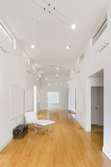 Gallery type hallway with wooden floor and and copy space for yo