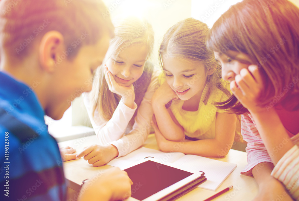 Poster group of school kids with tablet pc in classroom