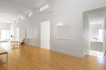 Gallery type hallway with wooden floor and and copy space for yo