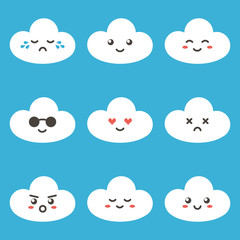Flat design cartoon cute cloud character with different facial expressions, emotions. Set, collection of emoji on blue background.