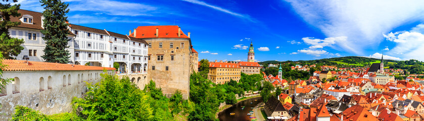 Fototapeta na wymiar Panoramic aerial view over the old Town of Cesky Krumlov, Czech Republic. UNESCO World Heritage Site.