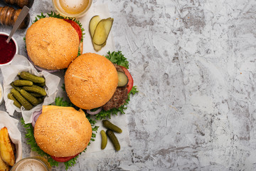 Hamburgers and cheeseburger on white rough background with copy