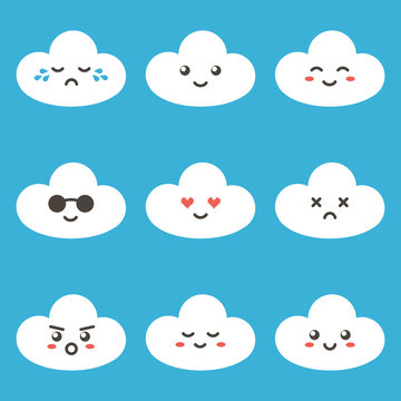 Flat Design Cartoon Cute Cloud Character With Different Facial Expressions, Emotions. Set, Collection Of Emoji On Blue Background.