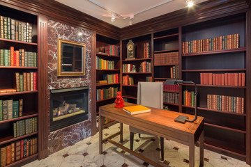 Amazing private Library with bookshelf, fire place and desk.