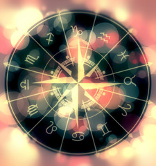 Golden astrological symbol in the circle. Festive colors backdrop