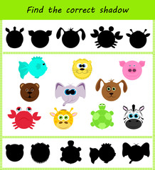 Find the correct shadow: different faces of animals