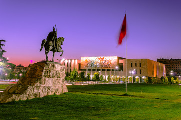 Skanderbeg Square with his statue in Tirana - Albania
 - obrazy, fototapety, plakaty