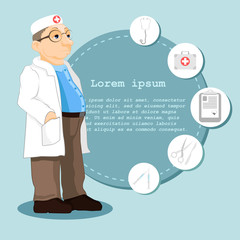 Doctor in cartoon style. Set of icons on a medical theme. Illustration of a doctor standing in front of the information tables. Patient information. Vector